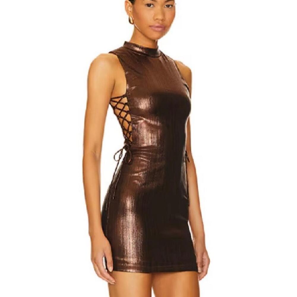 Superdown Theresa Bronze Metallic Lace-Up Dress